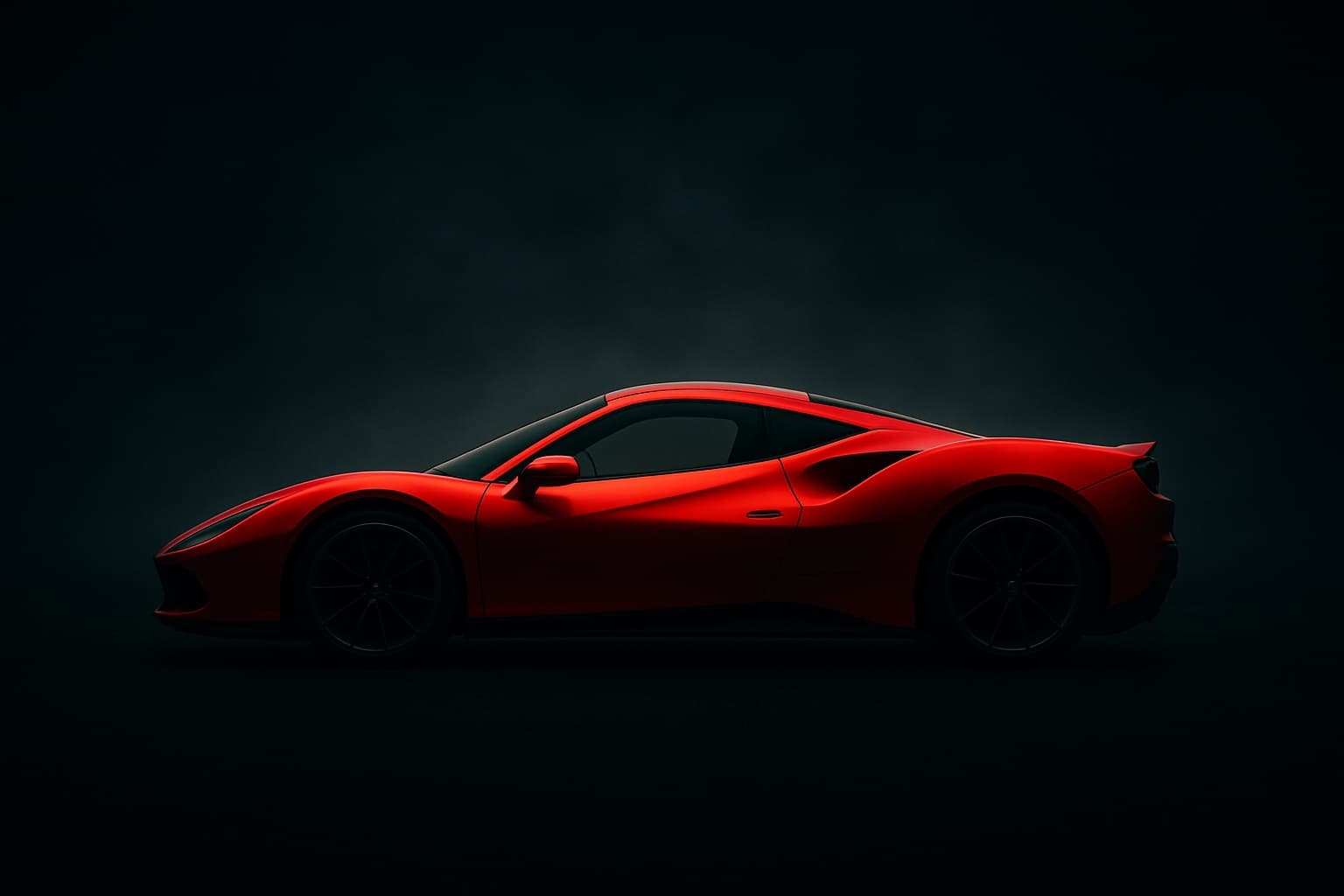 A red sports car in profile, lit against a dark studio backdrop